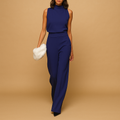 Women's halter neck wide leg jumpsuit in navy blue – high waist sleeveless front view