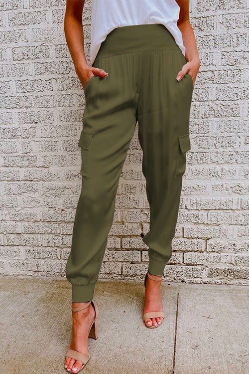 Olive Green high-waist cargo jogger trousers, front view