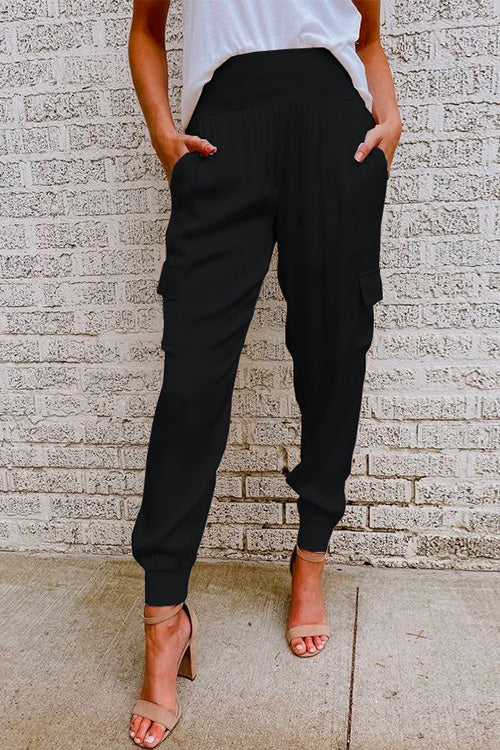 Black high-waist cargo jogger trousers, front view