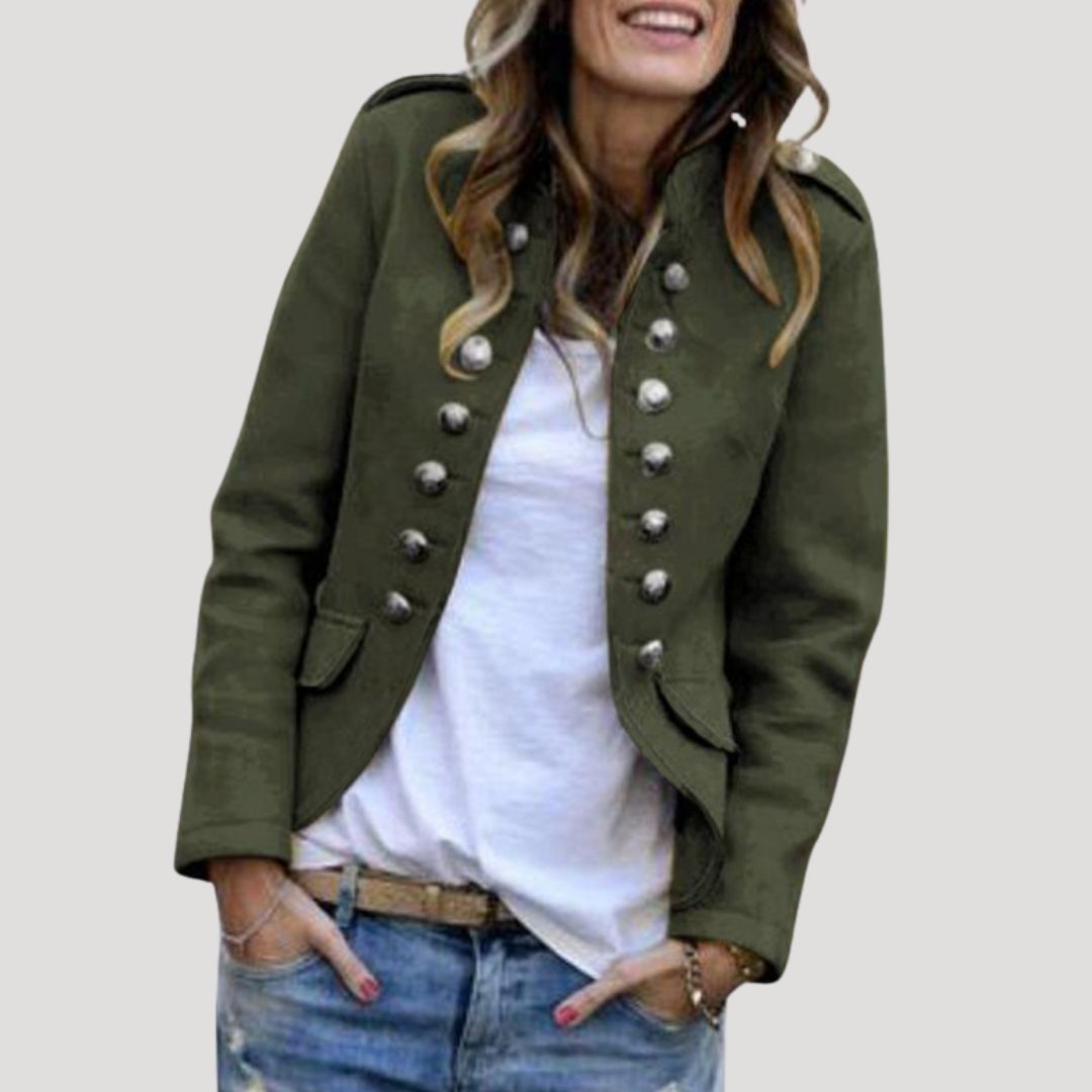 Green double breasted military cropped jacket, front view