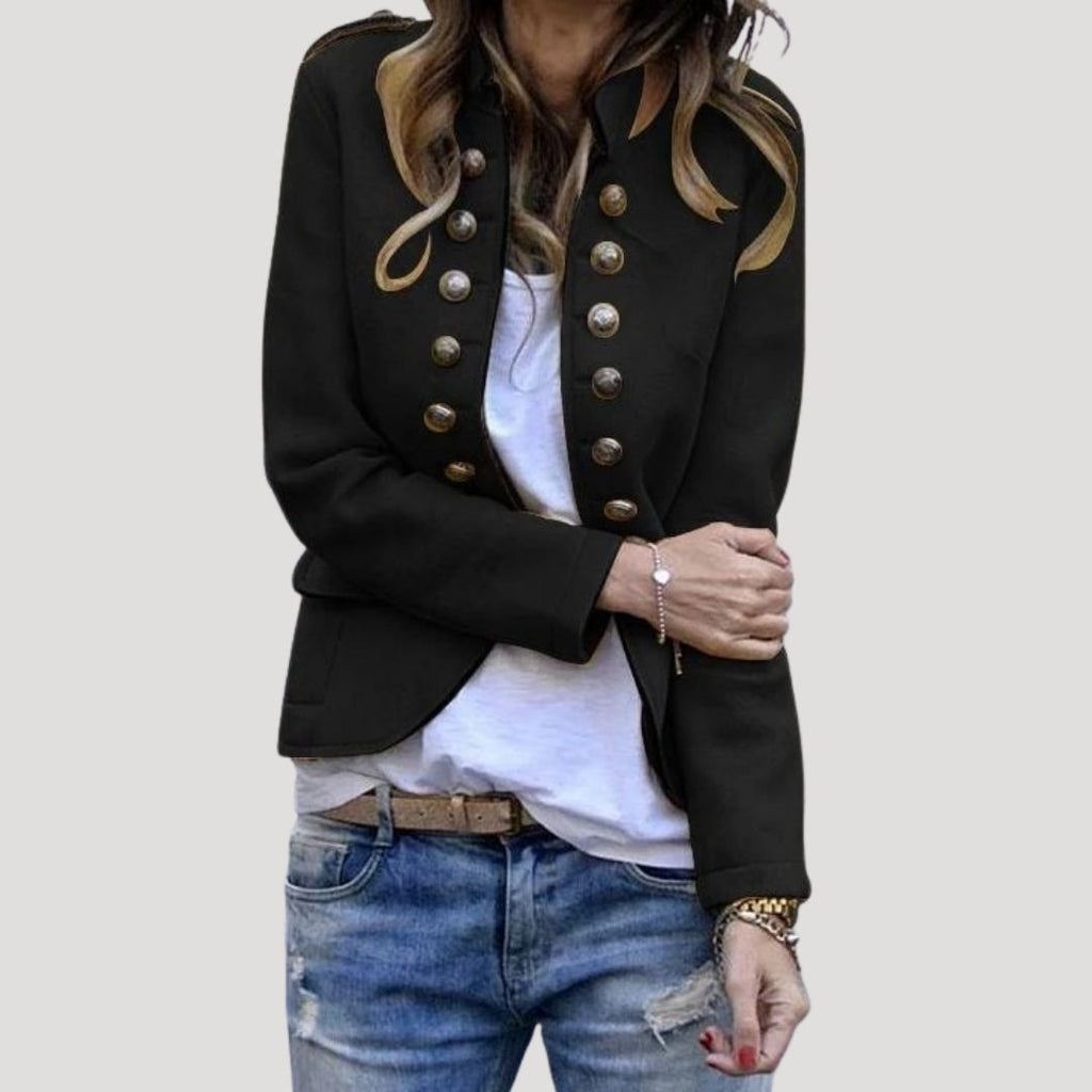 Black double breasted military cropped jacket, front view