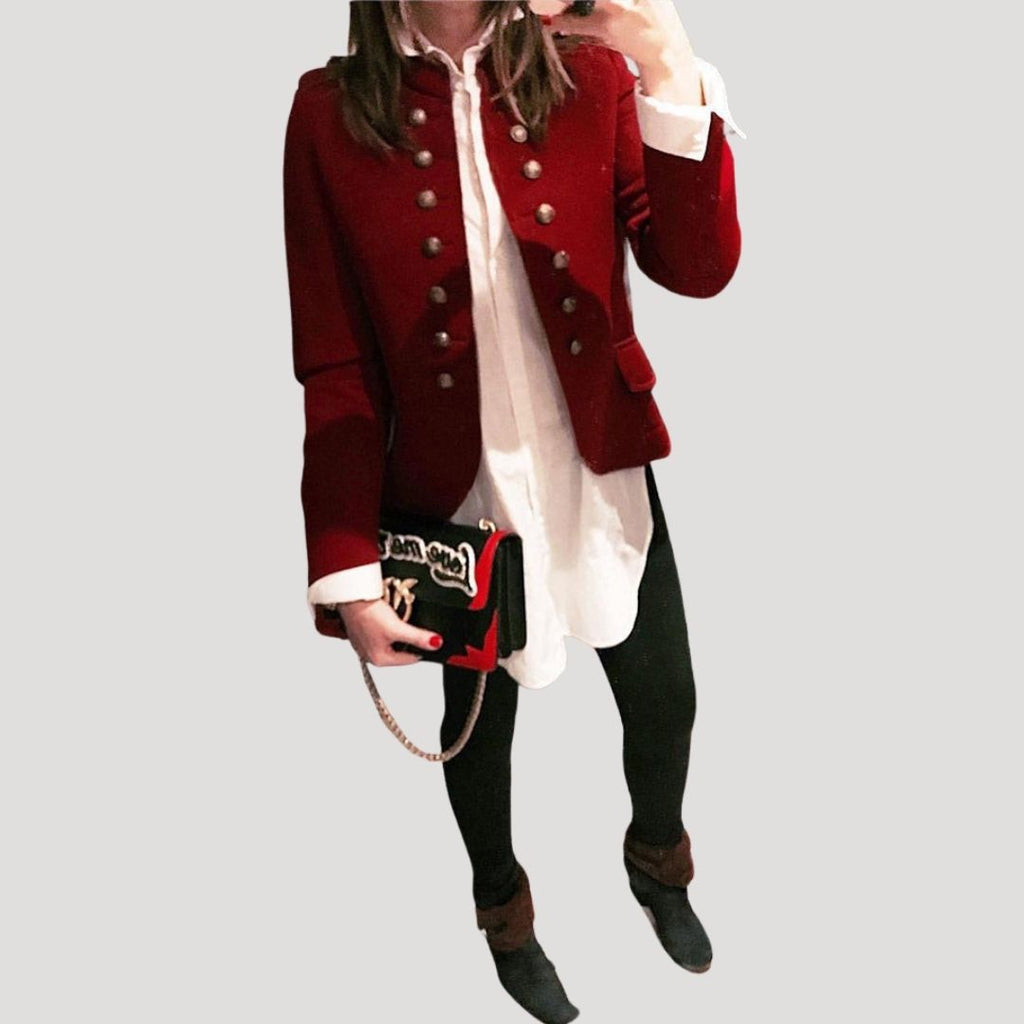 Red double breasted military cropped jacket, front view