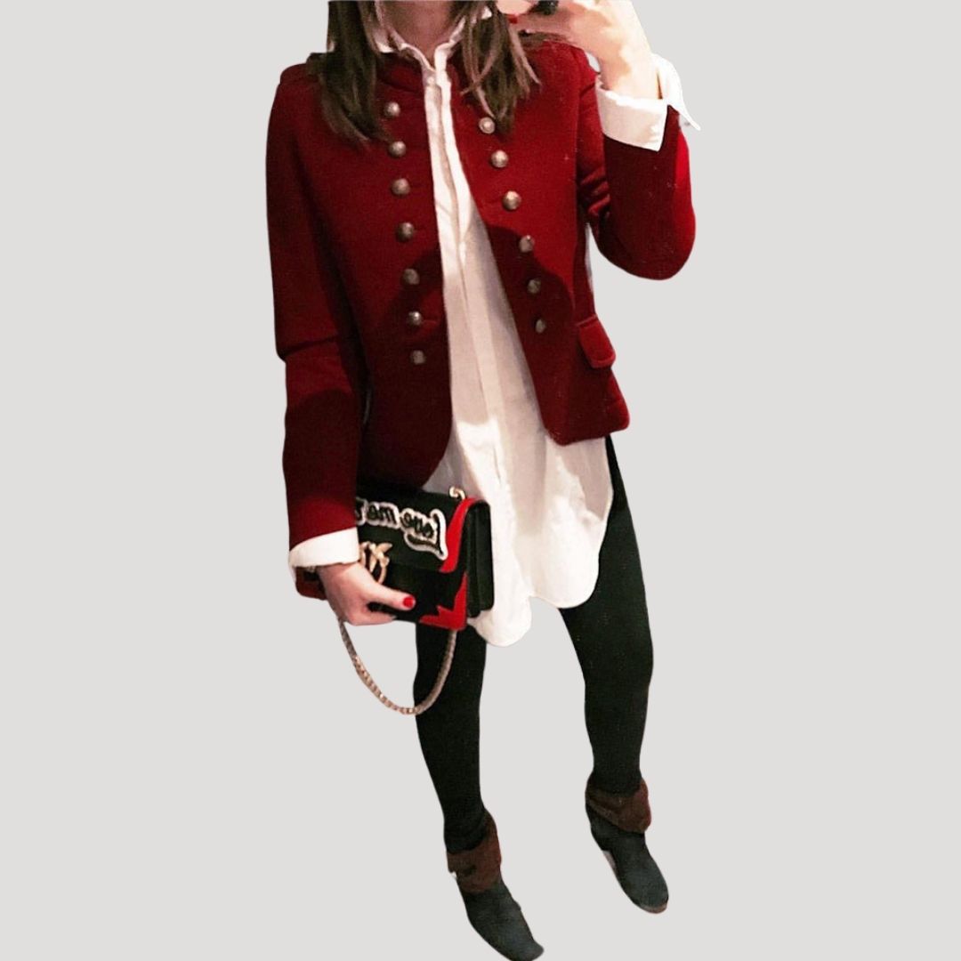 Red double breasted military cropped jacket, front view