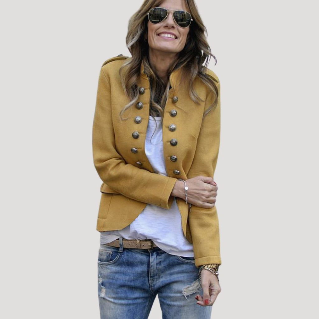 Yellow double breasted military cropped jacket, front view