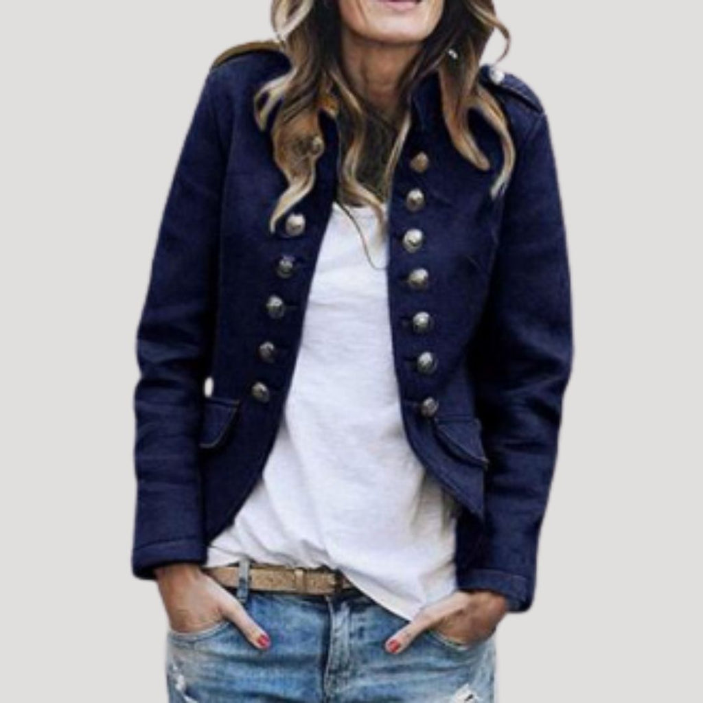 Navy double breasted military cropped jacket, front view