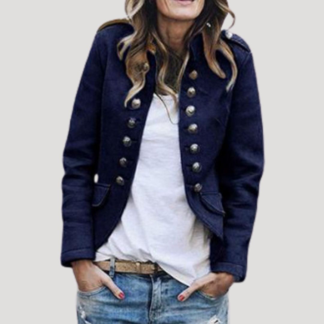 Navy double breasted military cropped jacket, front view