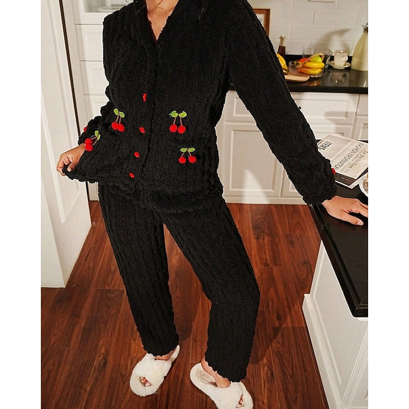 Black fluffy cherry-detail Loungewear Set