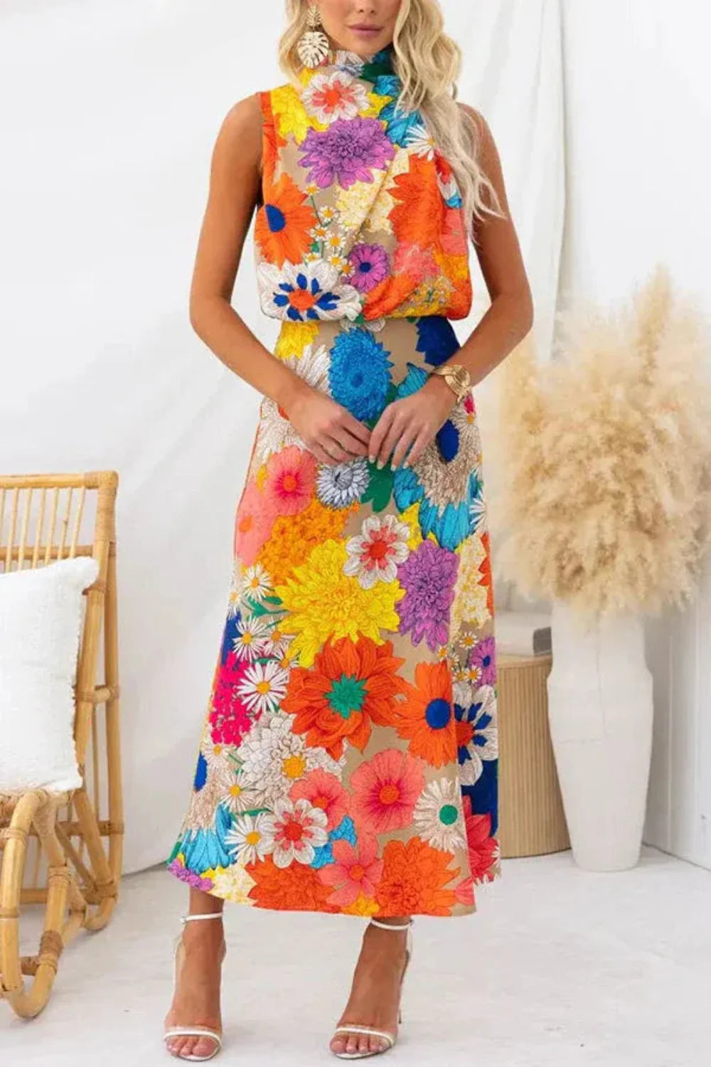 Floral halter neck maxi dress for weddings, front view