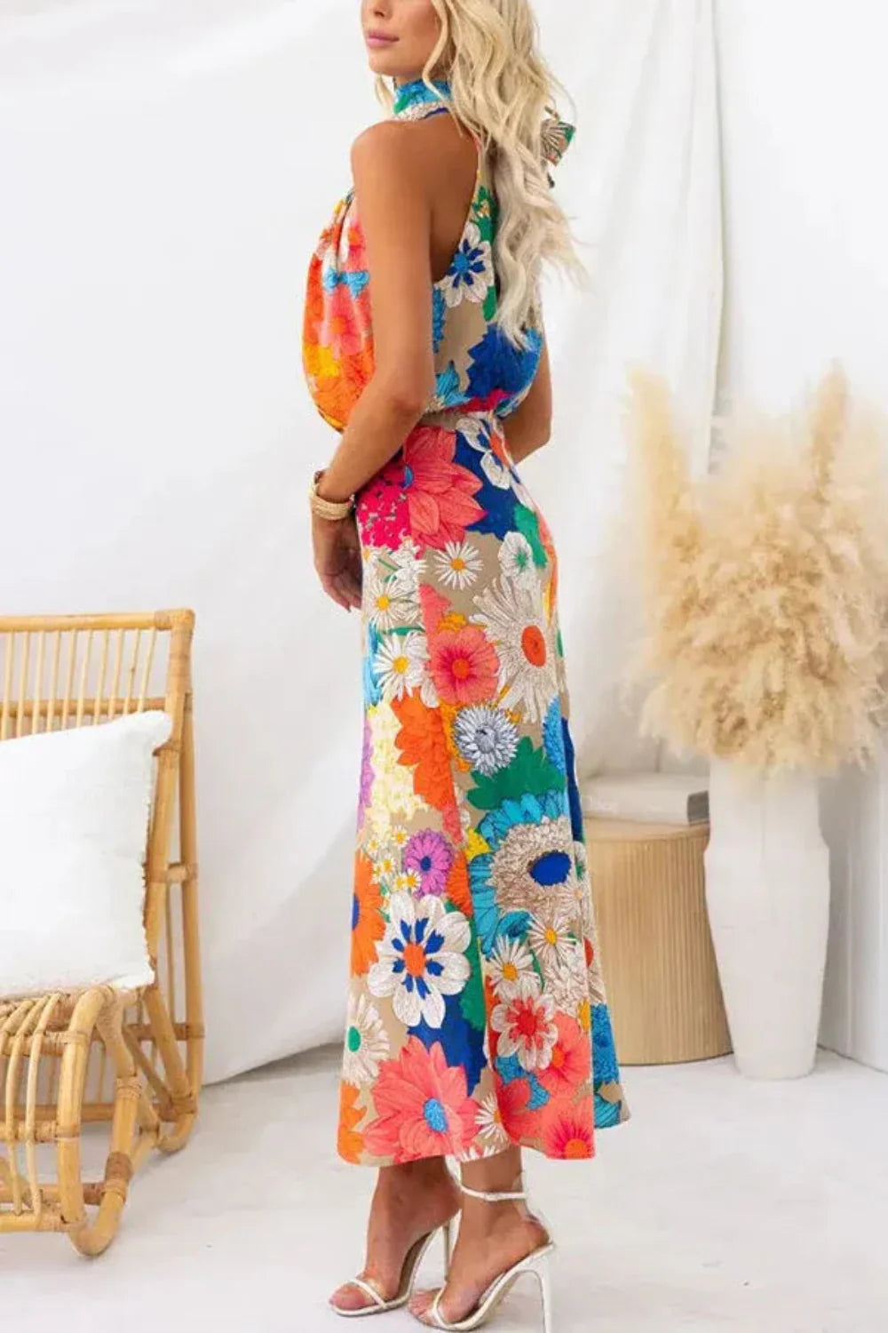 Floral halter neck maxi dress, back view