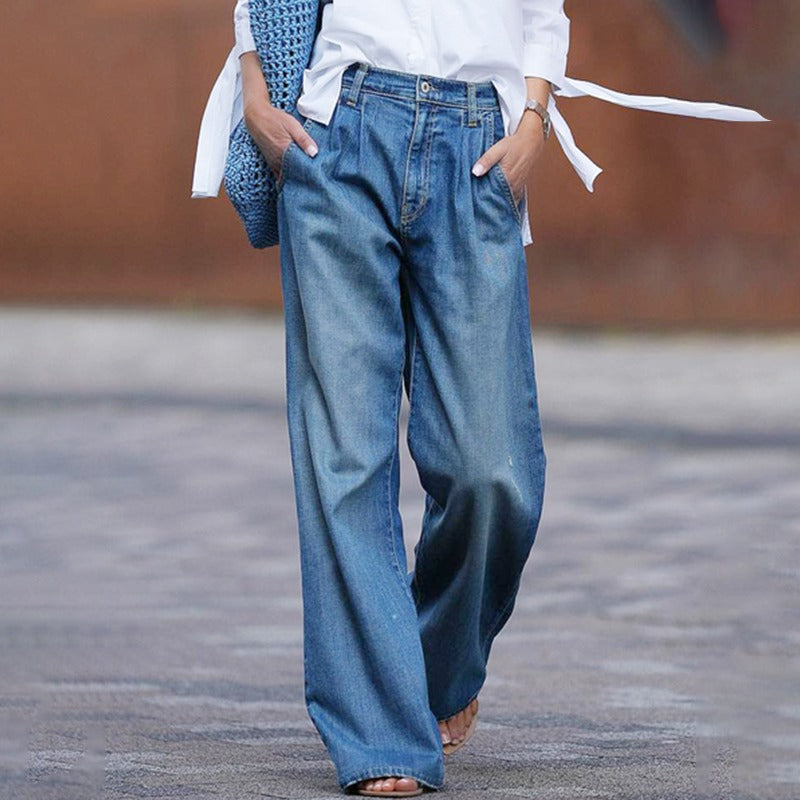 Blue high-waisted comfortable wide-leg Jeans, front view
