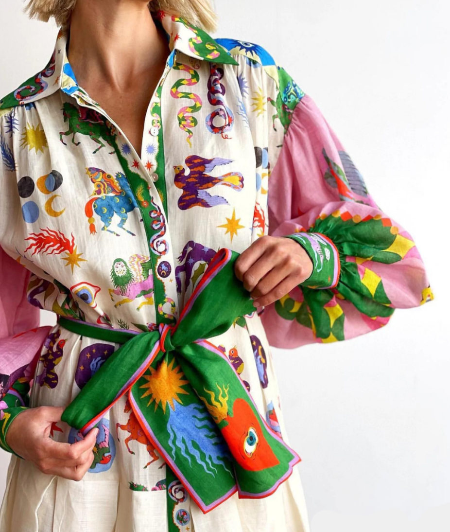 Women's Printed Balloon Sleeve Belted Maxi Shirt Dress side view - Casual Elegant Maxi Dress