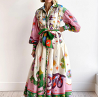 Women's Printed Balloon Sleeve Belted Maxi Shirt Dress front view - Casual Elegant Maxi Dress