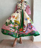 Women's Printed Balloon Sleeve Belted Maxi Shirt Dress full look - Casual Elegant Maxi Dress