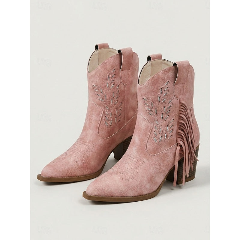 Tasseled Western Ankle Boots with Block Heel