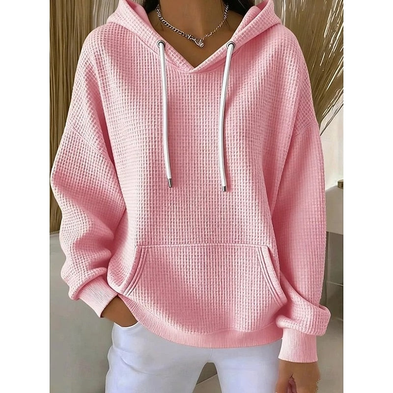 Pink textured drawstring hoodie, front view