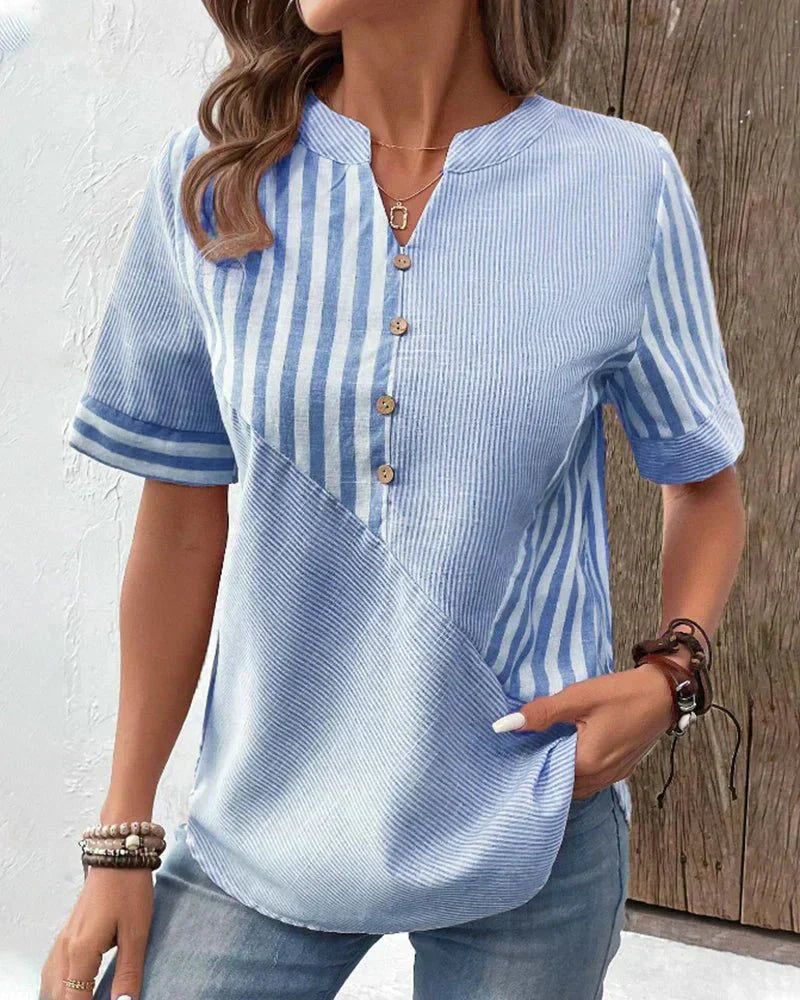 Green stripe blouse with button-front panel, effortless style | Alba Muse
