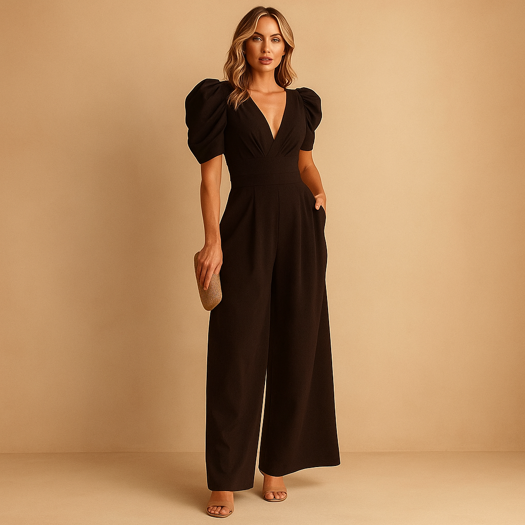 Wide Leg Tailored Fit Jumpsuit with Puff Sleeves