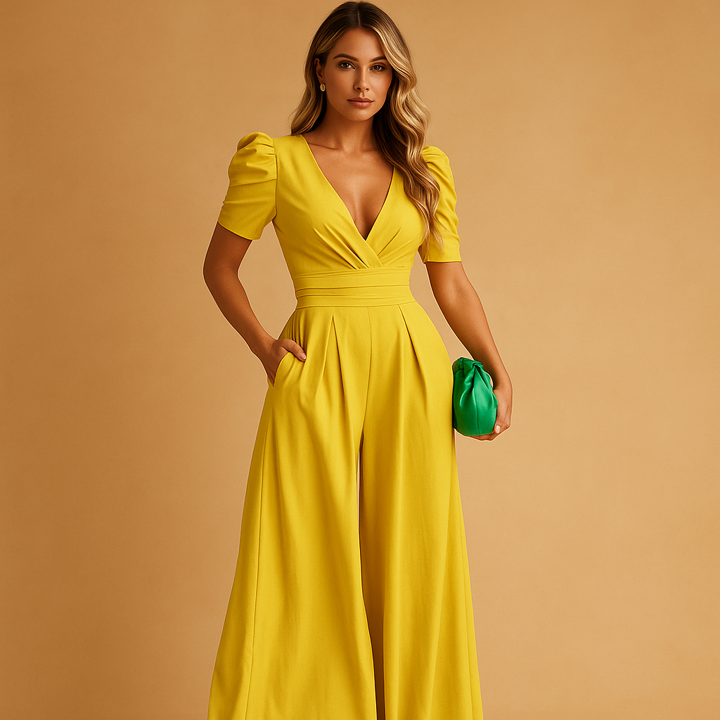 Wide Leg Tailored Fit Jumpsuit with Puff Sleeves