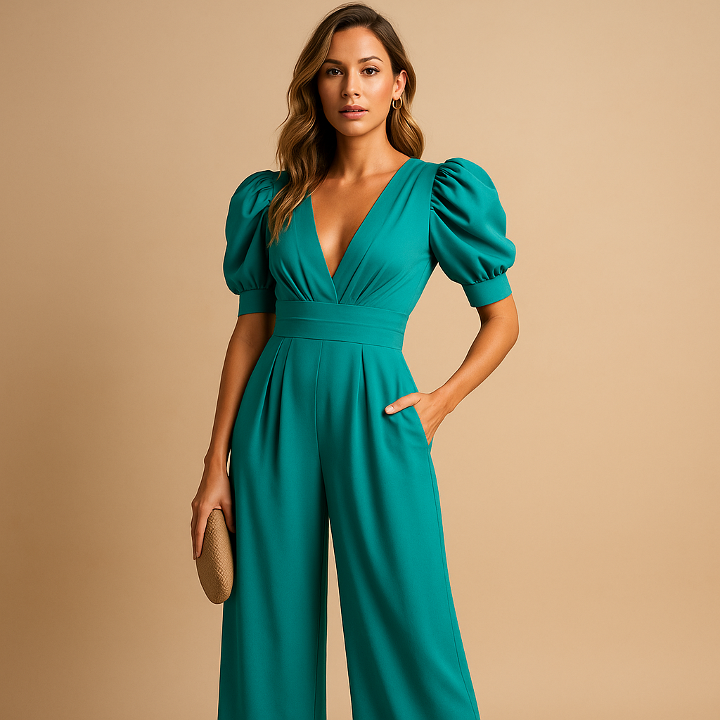 Wide Leg Tailored Fit Jumpsuit with Puff Sleeves