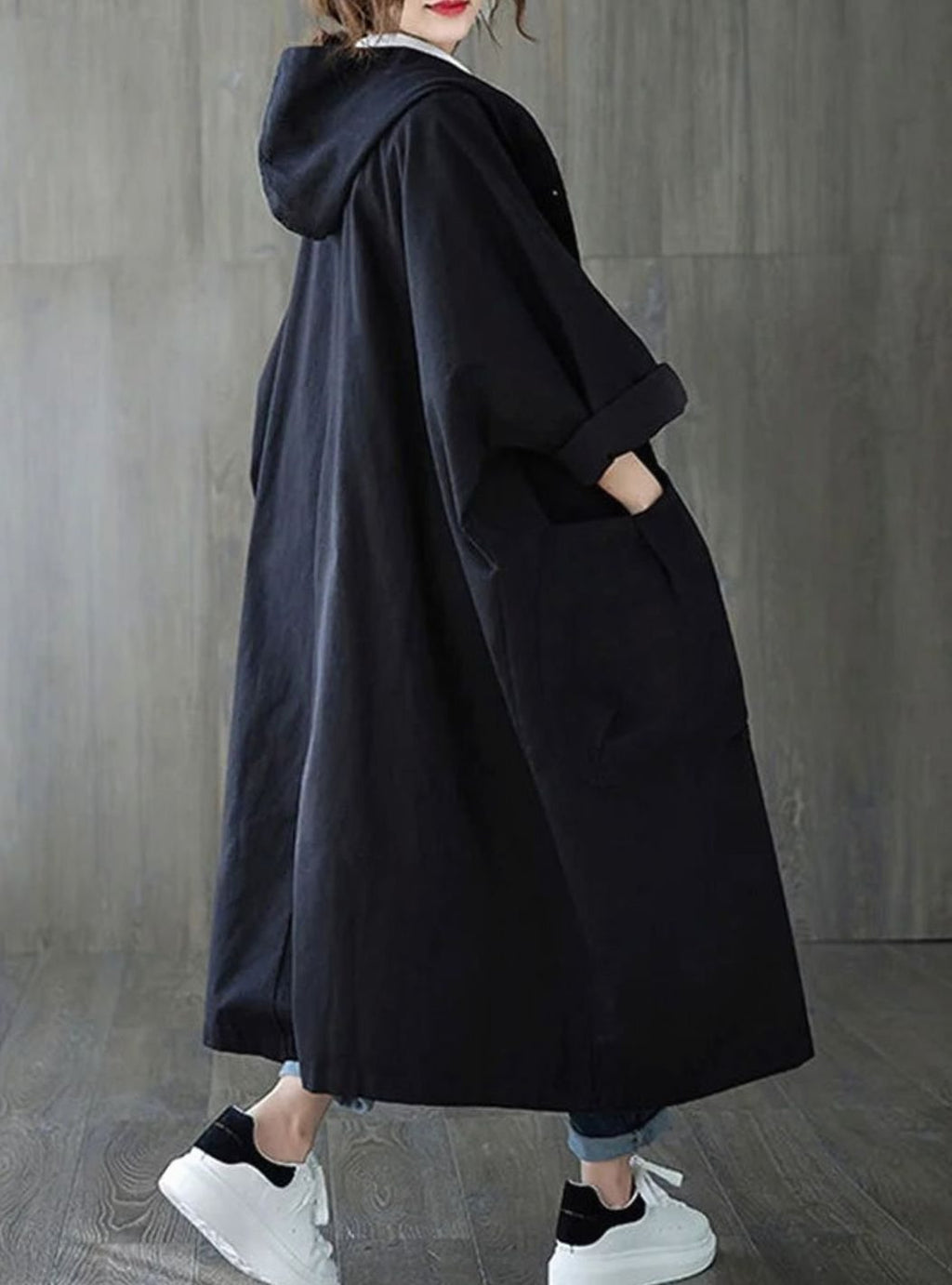 Oversized hooded water repellent flared trench coat with an oversized flared cut in Black