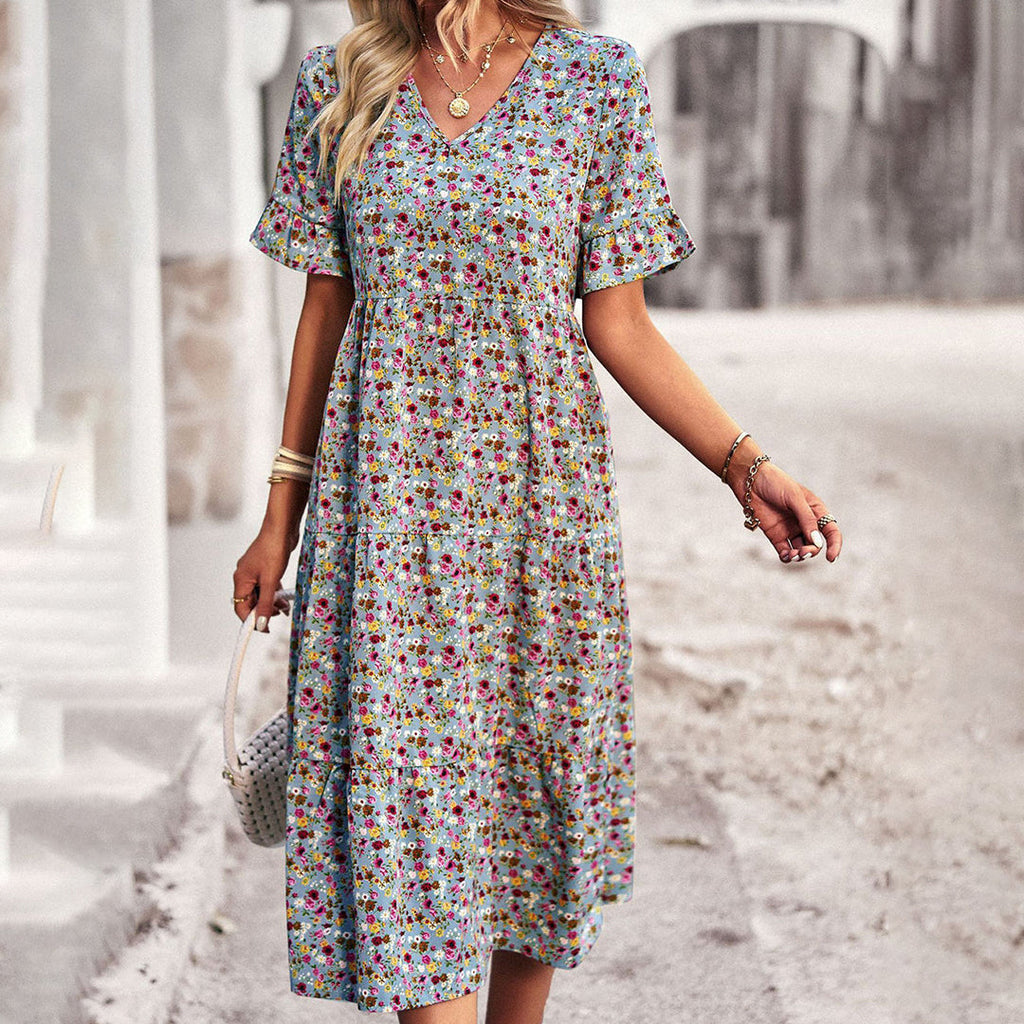 Elegant ruffle sleeve floral A-line midi dress in blue, full-length front view