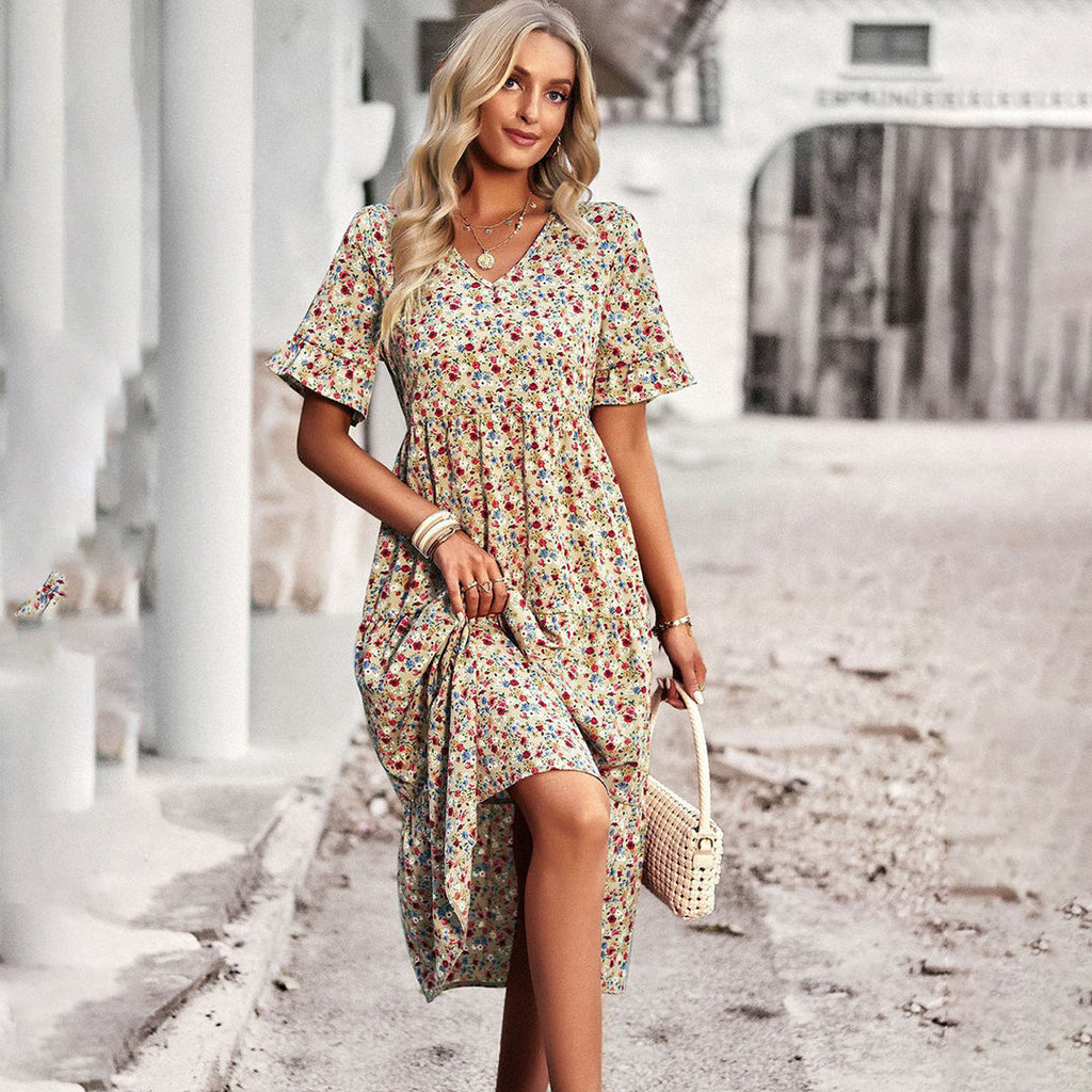 Floral V-neck ruffle sleeve A-line wedding guest midi dress in apricot, elegant front view