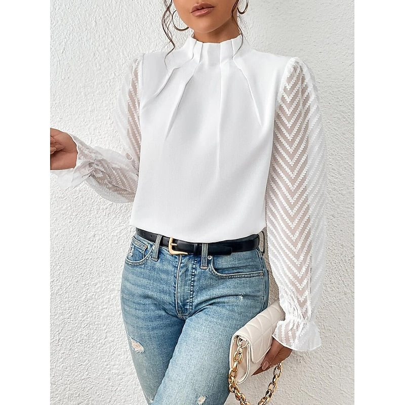 High-Neck Long Sleeve Blouse with Pleated Detail