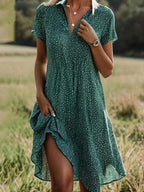 Women's Polka Dot Collared V-Neck A-Line Casual Dress front view - Playful Summer Casual Dress