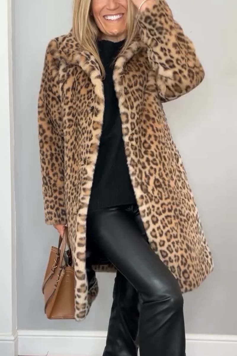 Khaki leopard print insulated winter coat, front view