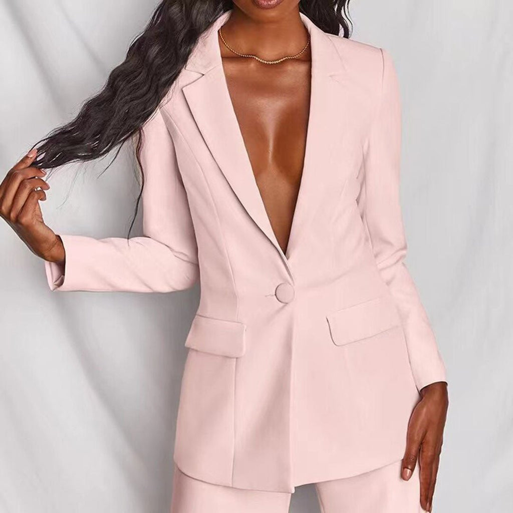 Co-ord set in light pink, matching blazer and straight-leg trousers | Alba Muse