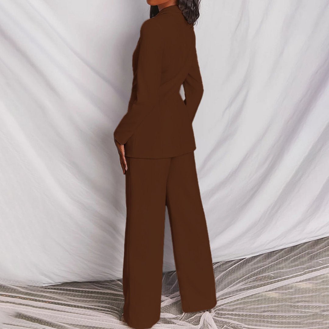 Tailored blazer co-ord set, close-up button detail and V-front opening | Alba Muse