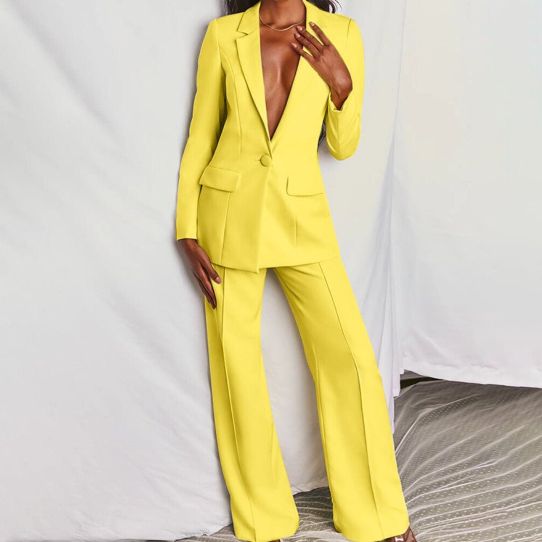 Button-front blazer and trousers co-ord set in yellow, tailored smart casual look | Alba Muse