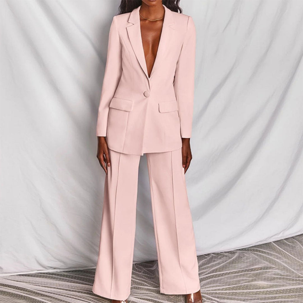 Women's co-ord set in brown, button-front blazer and full-length trousers | Alba Muse