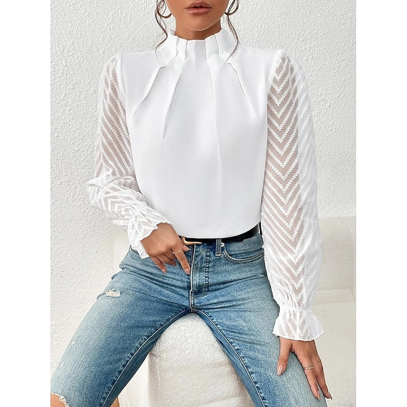 High-Neck Long Sleeve Blouse with Pleated Detail