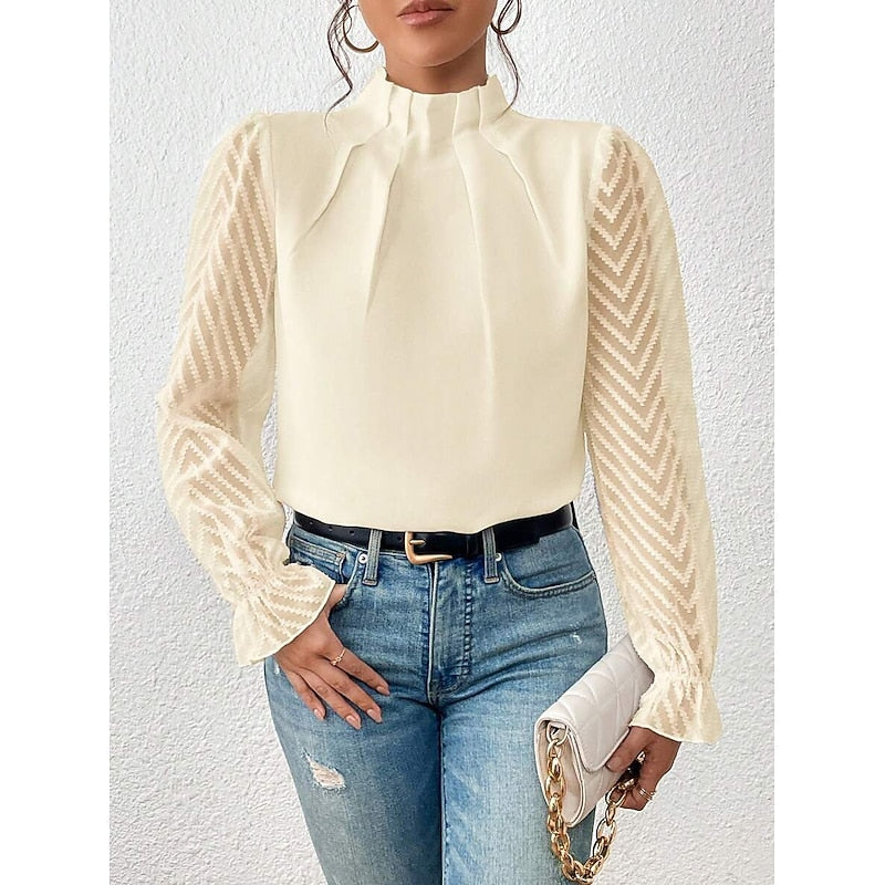 High-Neck Long Sleeve Blouse with Pleated Detail