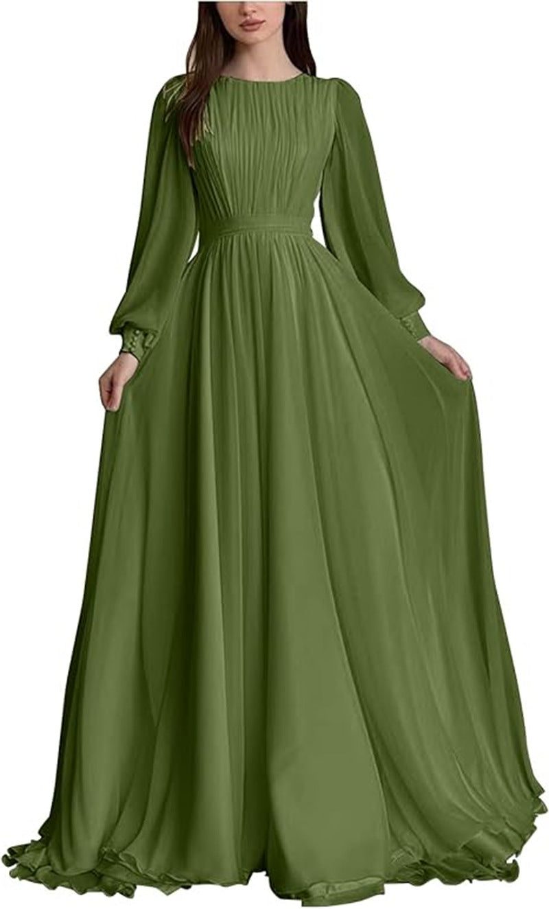 Long Sleeve Pleated Wedding Guest Dress – Sheer Sleeve Maxi Gown