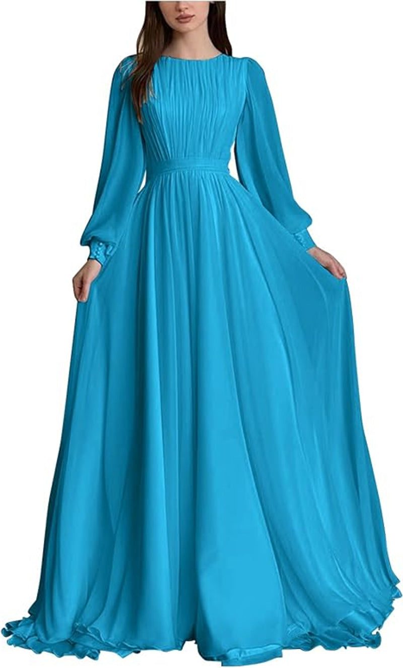 Blue long sleeve pleated dress