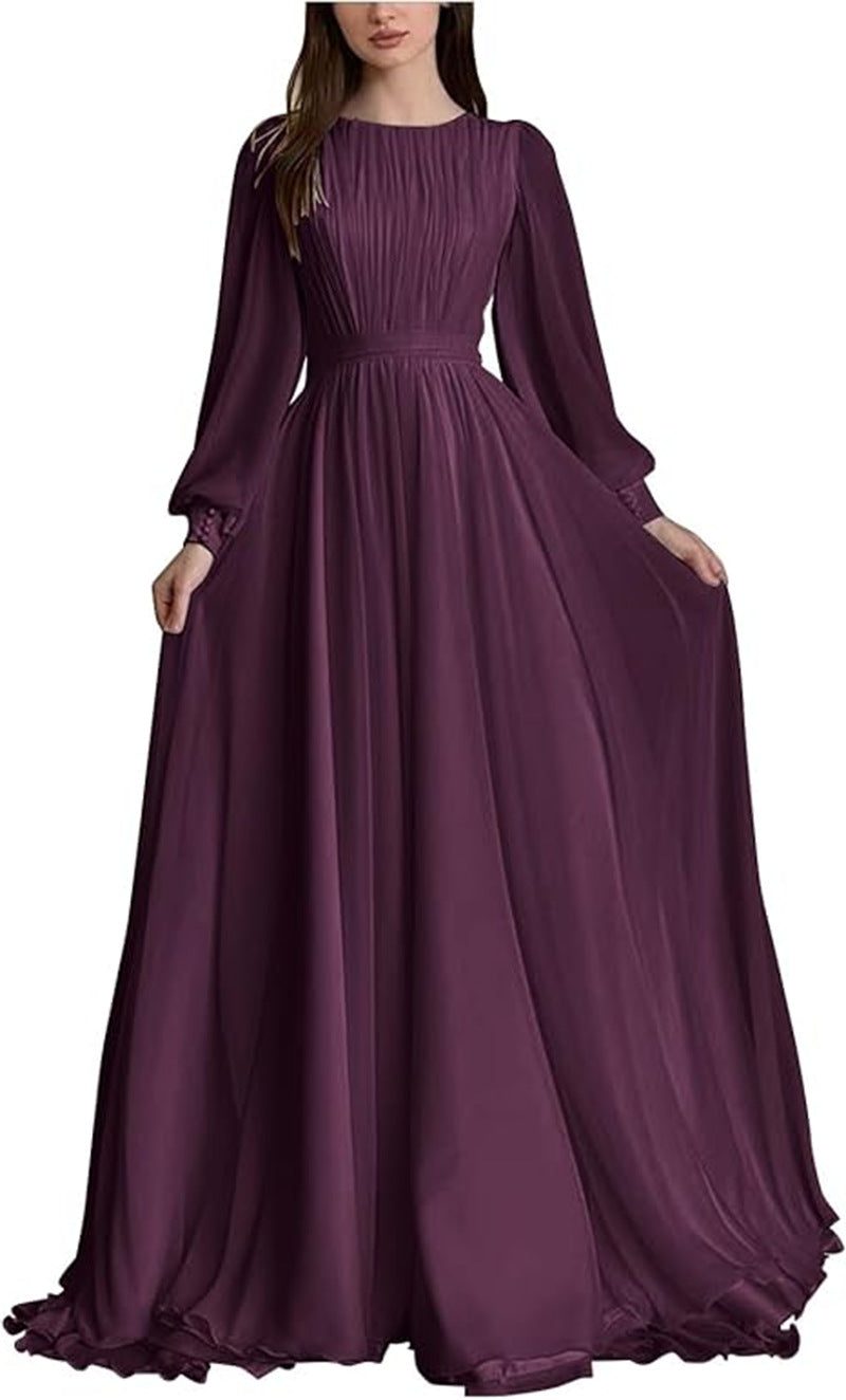 Long Sleeve Pleated Wedding Guest Dress – Sheer Sleeve Maxi Gown
