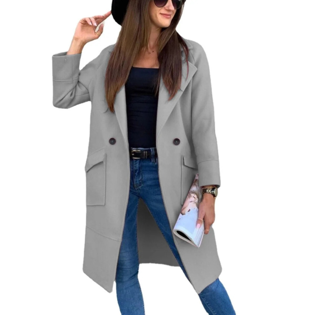 Light Grey long button front pocketed trench coat, front view