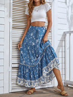 Women's Blue Floral Tiered Boho Maxi Skirt in blue - Flowy A-Line Boho Skirt