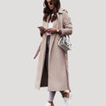 Apricot longline tie belt coat, front view