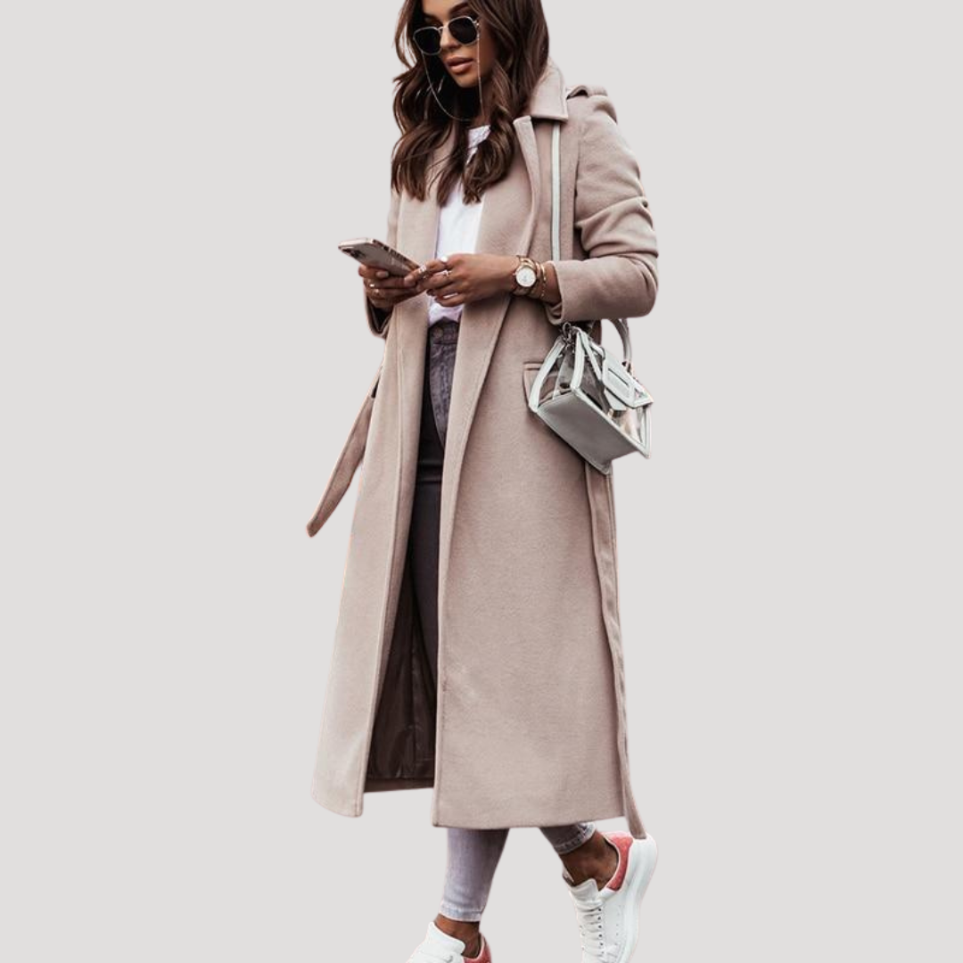 Apricot longline tie belt coat, front view