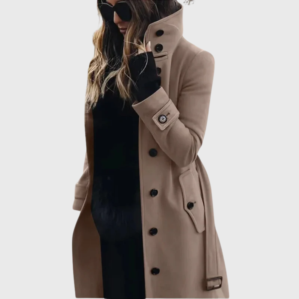 Beige high stand collar longline coat, front view