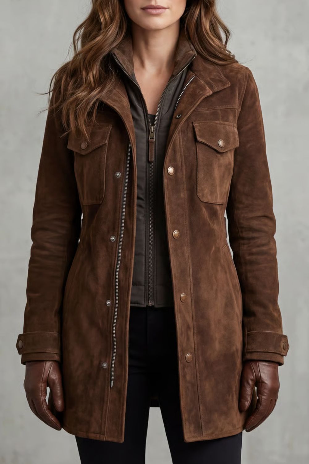 Brown tailored suede effect longline coat, front view