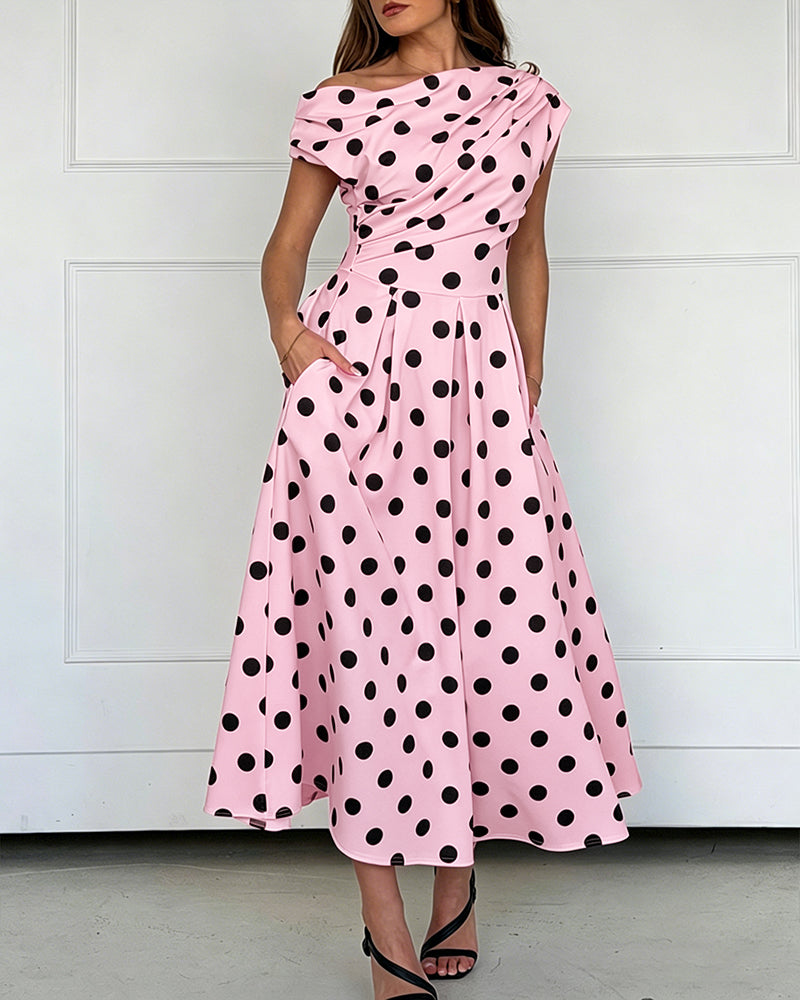 Polka Dot Ruched A-Line Maxi Dress