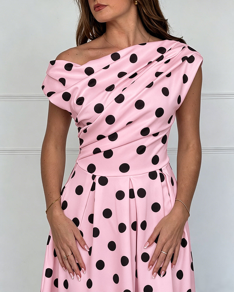 Polka Dot Ruched A-Line Maxi Dress