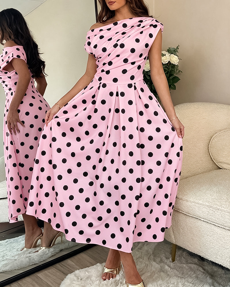 Polka Dot Ruched A-Line Maxi Dress