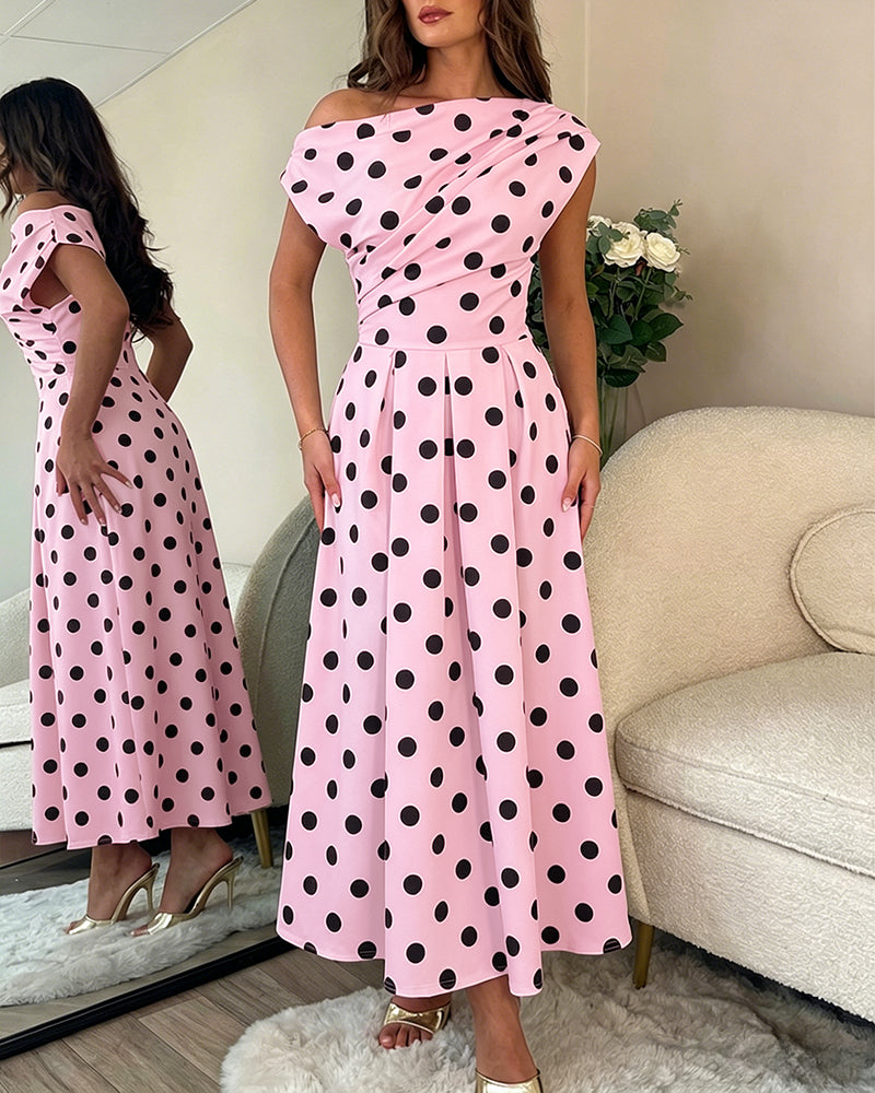 Polka Dot Ruched A-Line Maxi Dress