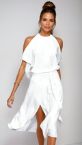 Halter neck wrap occasion evening dress in white, elegant front view