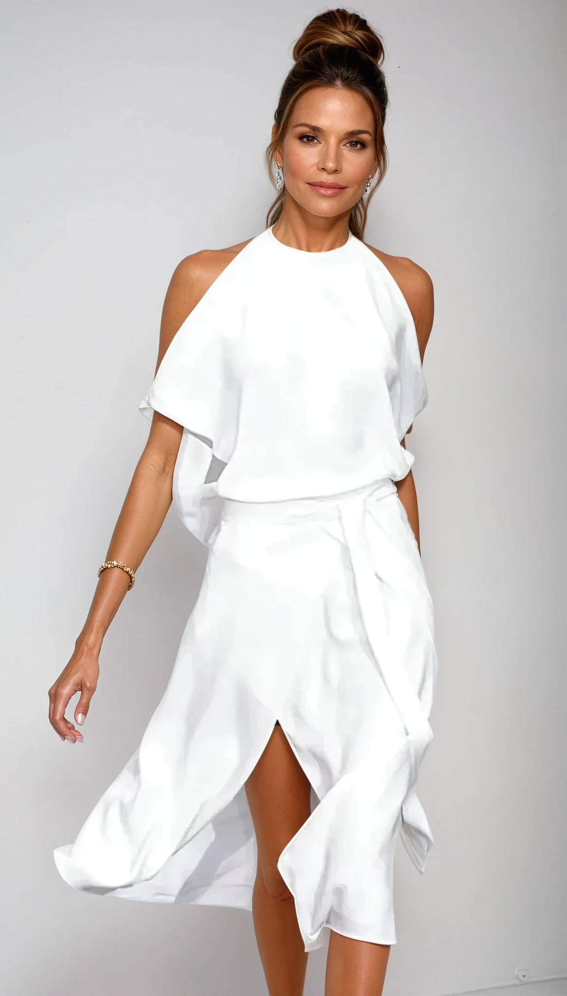 Women's Halter Neck Cold-Shoulder A-Line Dress with Slit front view - Elegant Wedding Guest Dress